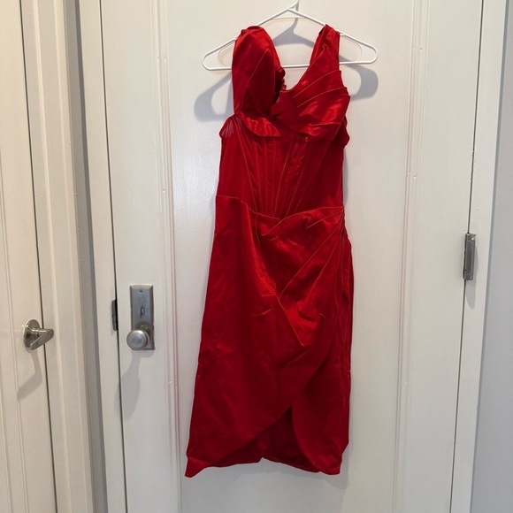 NWT House of CB Lulu Corset One-Shoulder Satin Midi Dress Red Size Large Plus - Picture 5 of 9